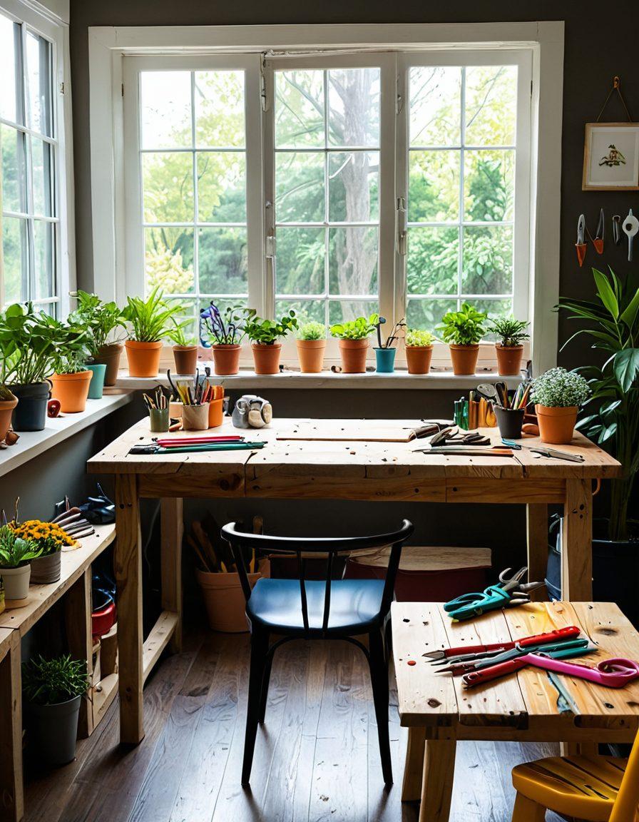 An inviting workspace showcasing an assortment of colorful DIY tools like hammers, screwdrivers, and gardening shears arranged artfully on a rustic wooden table. In the background, a lush garden can be seen, symbolizing gardening and a recently renovated room with modern decor visible. Soft sunlight filters through the scene, highlighting the joy of DIY projects. vibrant colors. 3D. natural lighting.