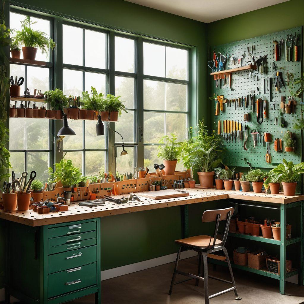 A well-organized workshop featuring neatly arranged tools on a pegboard, a bright workbench with essential tools at hand, and plants adding a touch of nature. Light streaming through a window, casting a warm glow, creating an inviting atmosphere. Showcasing both productivity and joy in a creative workspace. vibrant colors. super-realistic.